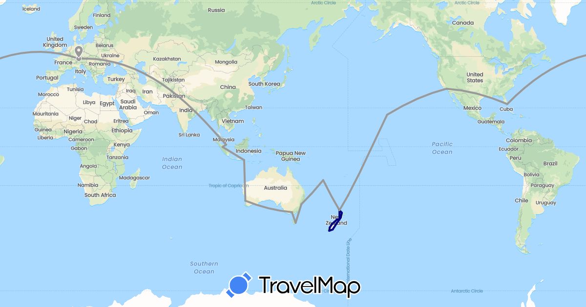 TravelMap itinerary: driving, plane in Australia, Germany, France, Indonesia, New Zealand, Singapore, United States (Asia, Europe, North America, Oceania)